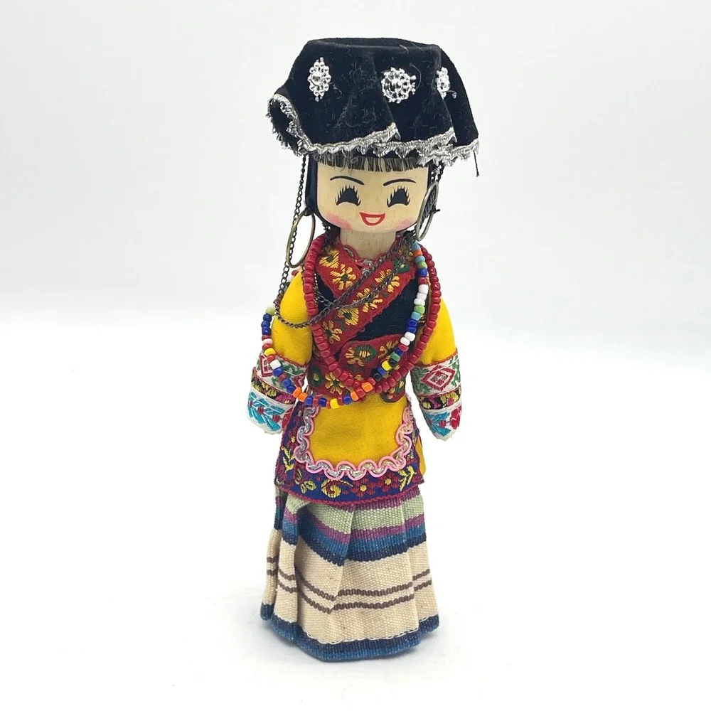 Vintage Chinese Yi Minority Ethnic Doll Hand Painted Wood‎ Traditional Costume